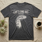 Corn Snake Shed T-Shirt in Dark Heather — Gritty white print of a corn snake head with milky pre-shed eyes under CAN'T COME OUT, I'M IN BLUE, on black