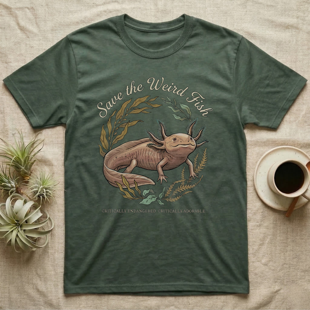 Axolotl Save Weird Fish T-Shirt in Military Green — Botanical axolotl with teal gill plumes inside a water-plant wreath; script type "Save the Weird Fish" arched above.