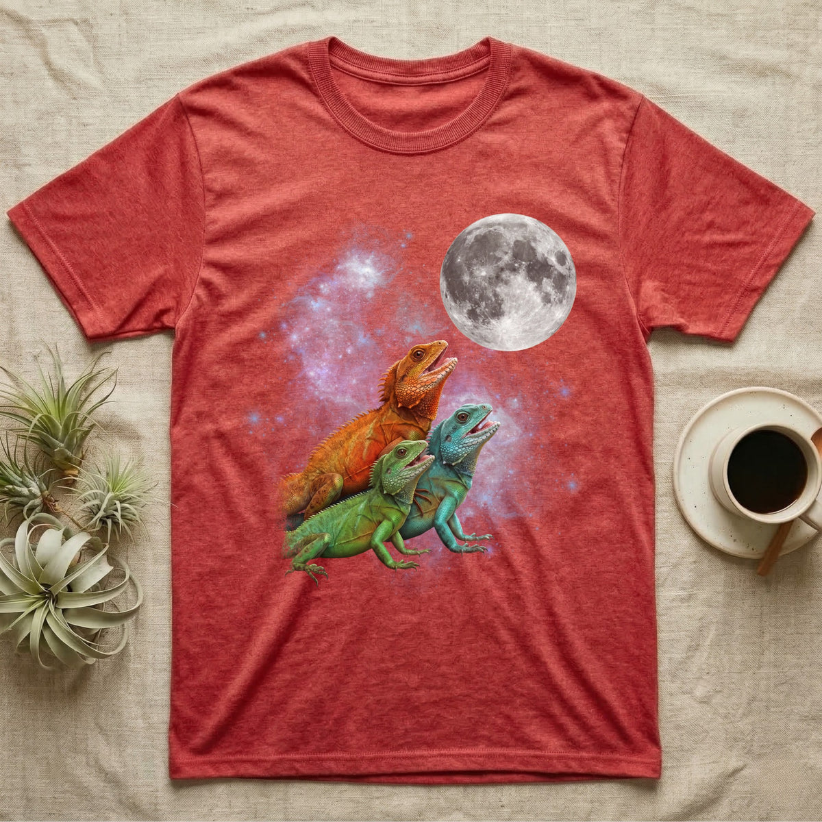 Chinese Water Dragon Moon Howl T-Shirt in Heather Red — Three Chinese Water Dragon colour morphs howling at a full moon over a nebula on a dark grey t-shirt.