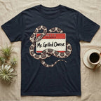 Grilled Cheese Corn Snake T-Shirt in Navy — Flat retro illustration of a corn snake coiled through a "Hello my name is Mr. Grilled Cheese" name-tag badge.