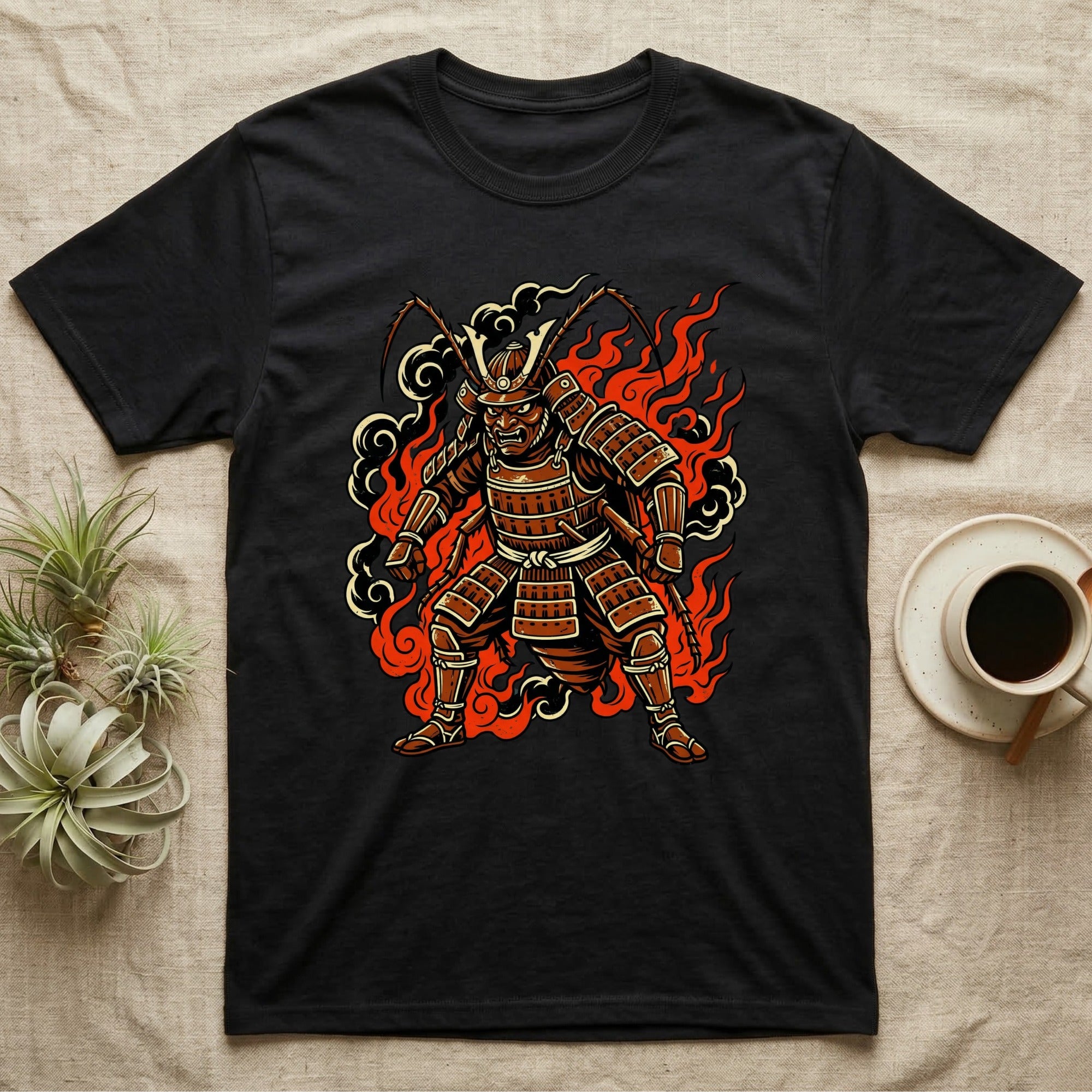 Black t-shirt with samurai cockroach warrior design and fiery background.