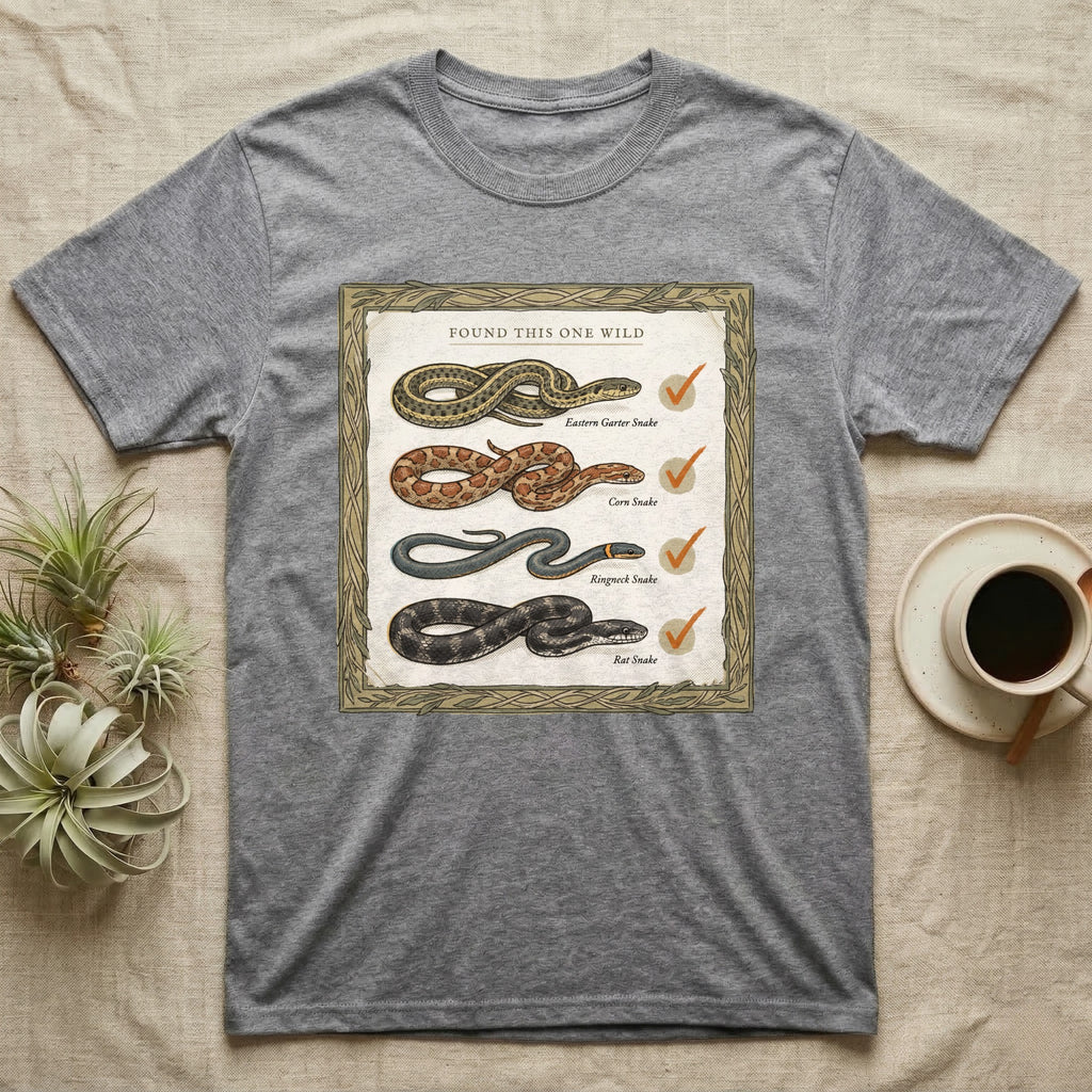 Native Snake Life List T-Shirt in Sport Grey — Vintage field-guide life list of native snakes drawn as small specimens with tally checkmarks beside each.
