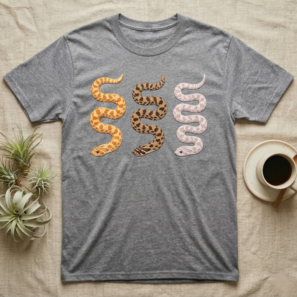Hognose Morph Triptych T-Shirt in Sport Grey — Palette-knife painting of three western hognose snakes side by side, albino, anaconda and snow morphs.