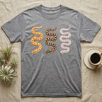 Hognose Morph Triptych T-Shirt in Sport Grey — Palette-knife painting of three western hognose snakes side by side, albino, anaconda and snow morphs.