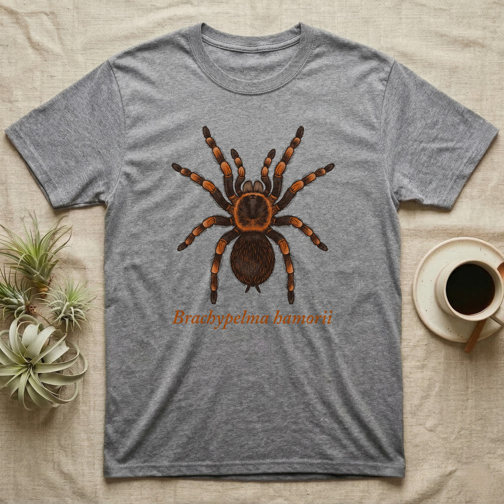 Grey t-shirt featuring a Brachypelma hamorii tarantula illustration.