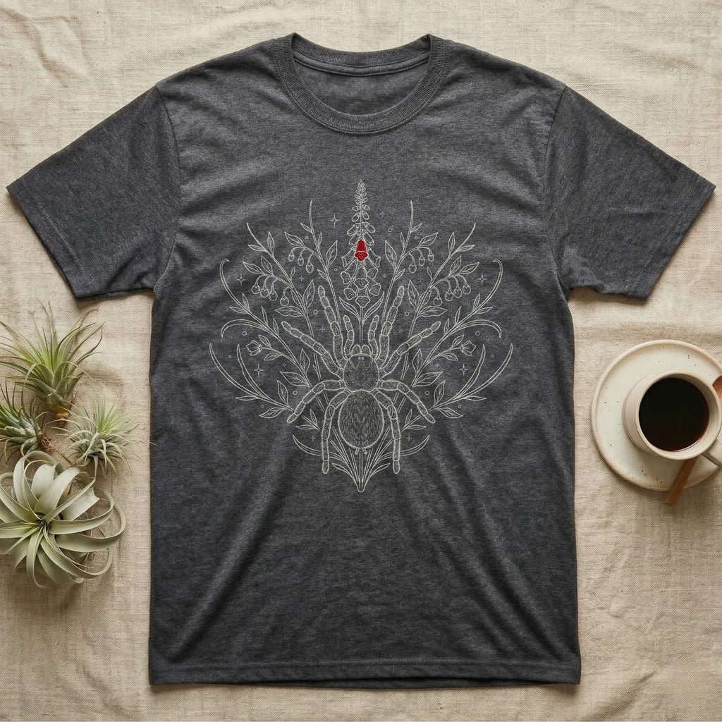 Tarantula Poison Botanical T-Shirt in Dark Heather — Fine-line tarantula centred in a symmetrical nightshade and foxglove fountain with one blood-red bloom on grey.