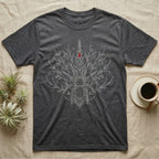 Tarantula Poison Botanical T-Shirt in Dark Heather — Fine-line tarantula centred in a symmetrical nightshade and foxglove fountain with one blood-red bloom on grey.