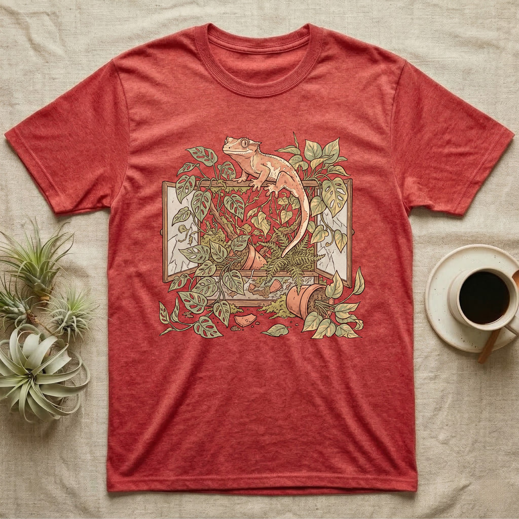 Bioactive Crested Gecko T-Shirt in Heather Red — Botanical illustration of a smug crested gecko perched atop a lush overgrown planted vivarium spilling vines.
