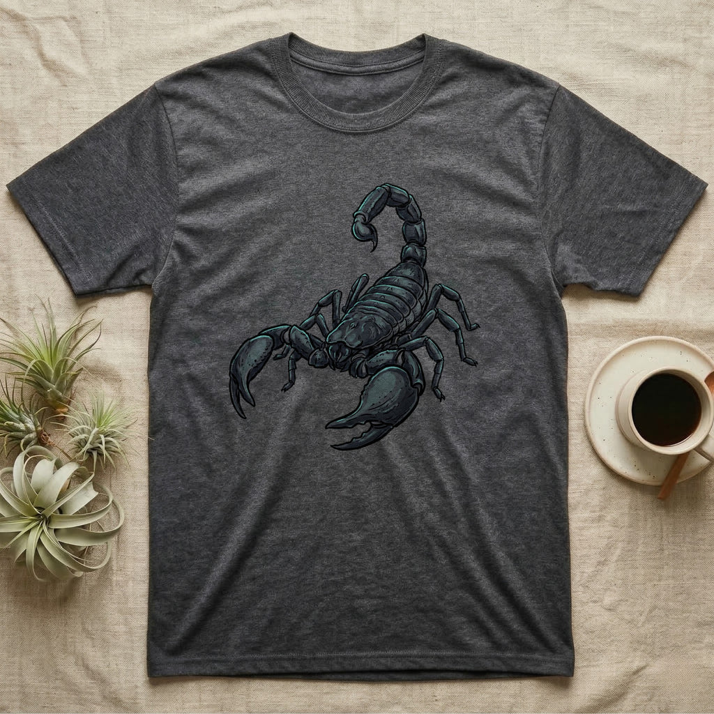 Glowing Emperor Scorpion T-Shirt in Dark Heather — Bold flat illustration of an emperor scorpion traced with a glowing blacklight-teal UV rim on a grey background.