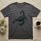 Glowing Emperor Scorpion T-Shirt in Dark Heather — Bold flat illustration of an emperor scorpion traced with a glowing blacklight-teal UV rim on a grey background.