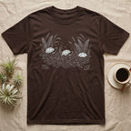 Box Turtle Botanical T-Shirt in Dark Chocolate — Three small eastern box turtles in fine white line ringing a fanned spray of ferns, grasses and leaf litter.