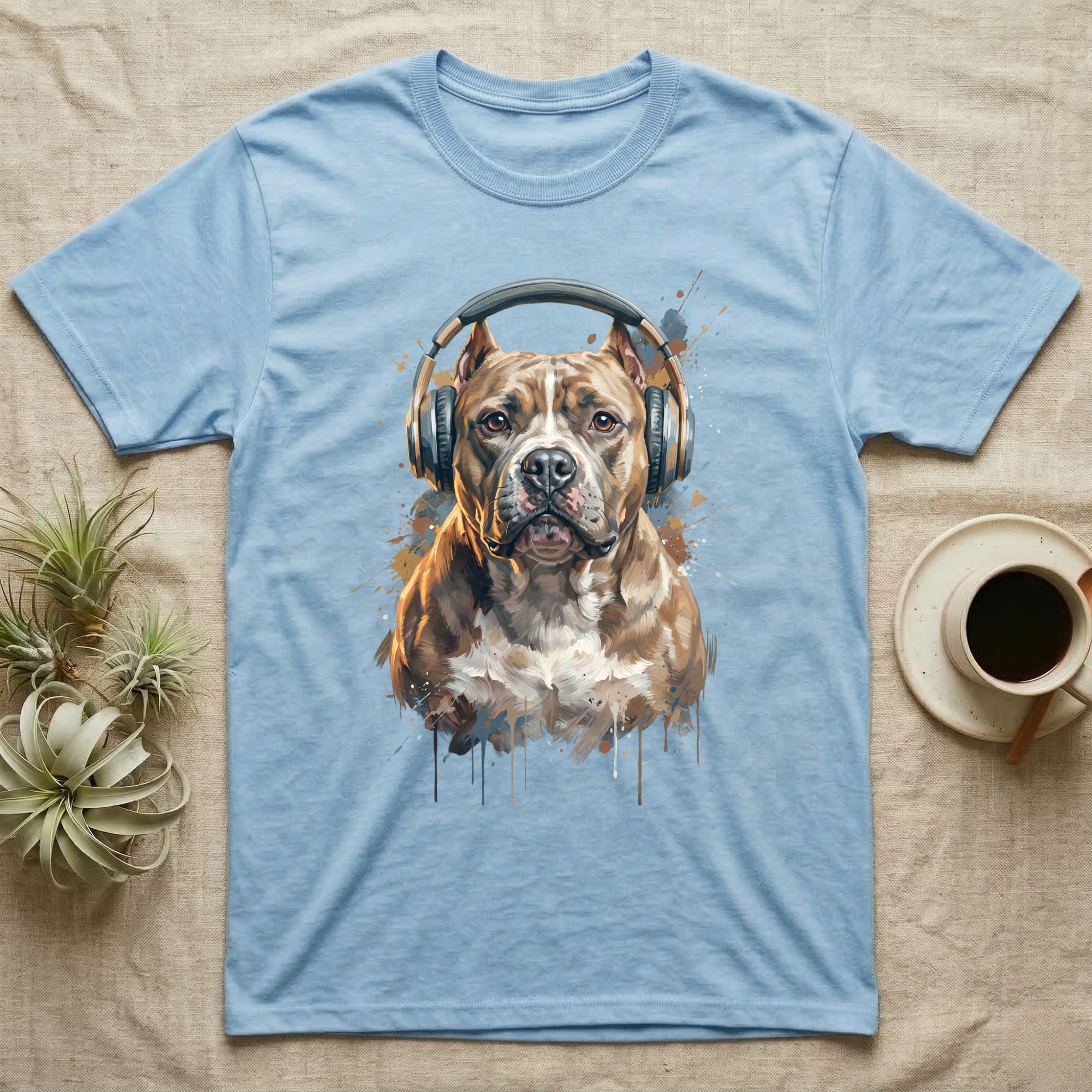 Light blue t-shirt with a watercolor pit bull wearing headphones.