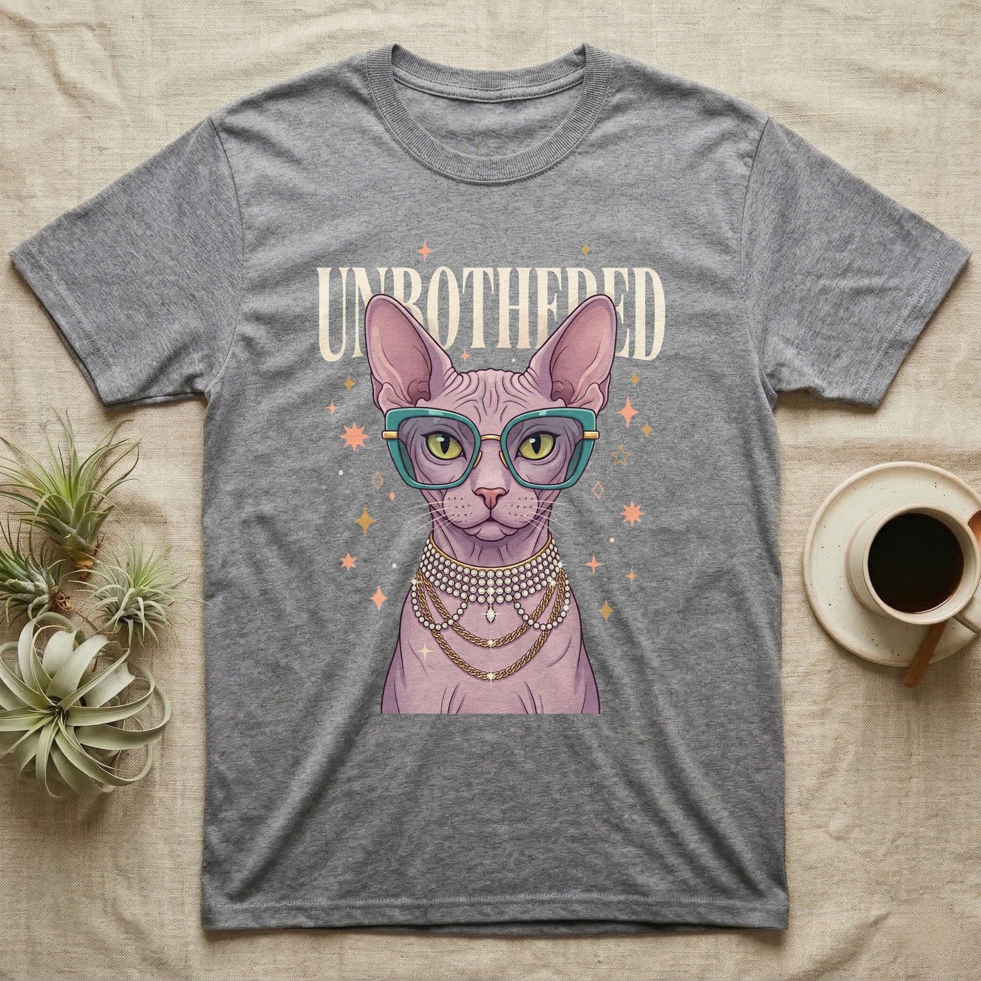 Sphynx cat wearing glasses, pearls, and a necklace, with text "UNBOTHERED".