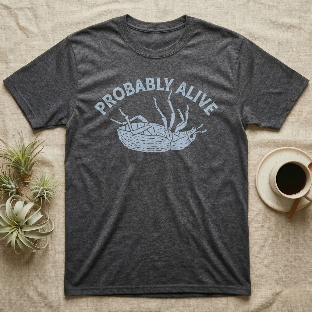 Death Feigning Beetle Probably Alive T-Shirt in Dark Heather — Chalk blue beetle lying on its back with legs raised, beneath two arched charcoal capitals reading PROBABLY ALIVE.