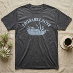 Death Feigning Beetle Probably Alive T-Shirt in Dark Heather — Chalk blue beetle lying on its back with legs raised, beneath two arched charcoal capitals reading PROBABLY ALIVE.