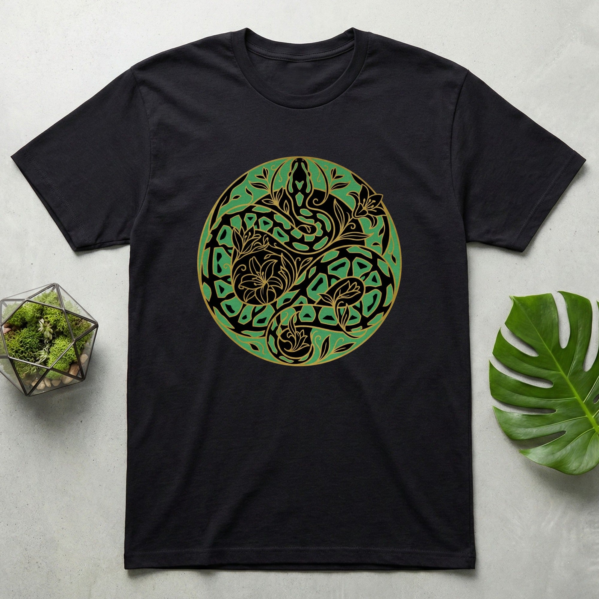 Intricate Green Botanical Snake Design T-Shirt