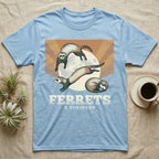 Three Ferret Moon Tee in Light Blue — Retro-illustration of three ferrets in war-dance, stretch, and sleeping-coil poses around a stratified halftone full moon.