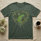 Green t-shirt with a heart-shaped olive branch design featuring a green lizard.