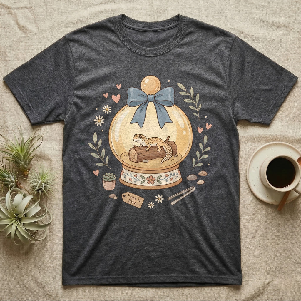 Dark gray t-shirt with a snow globe graphic featuring a gecko, plants, and a "home is here" tag.