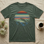 Mourning Gecko Window T-Shirt in Military Green — Mourning gecko silhouetted on a leaf inside a broken circular window of flat stepped rainforest colour bands.