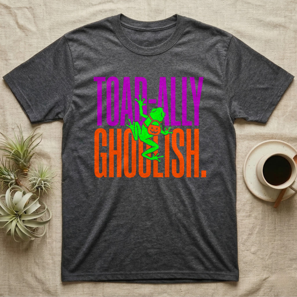Tree Frog Toad-ally Ghoulish T-Shirt in Dark Heather — Neon green tree frog with a pumpkin pail clinging across stacked text, "Toad-ally Ghoulish."