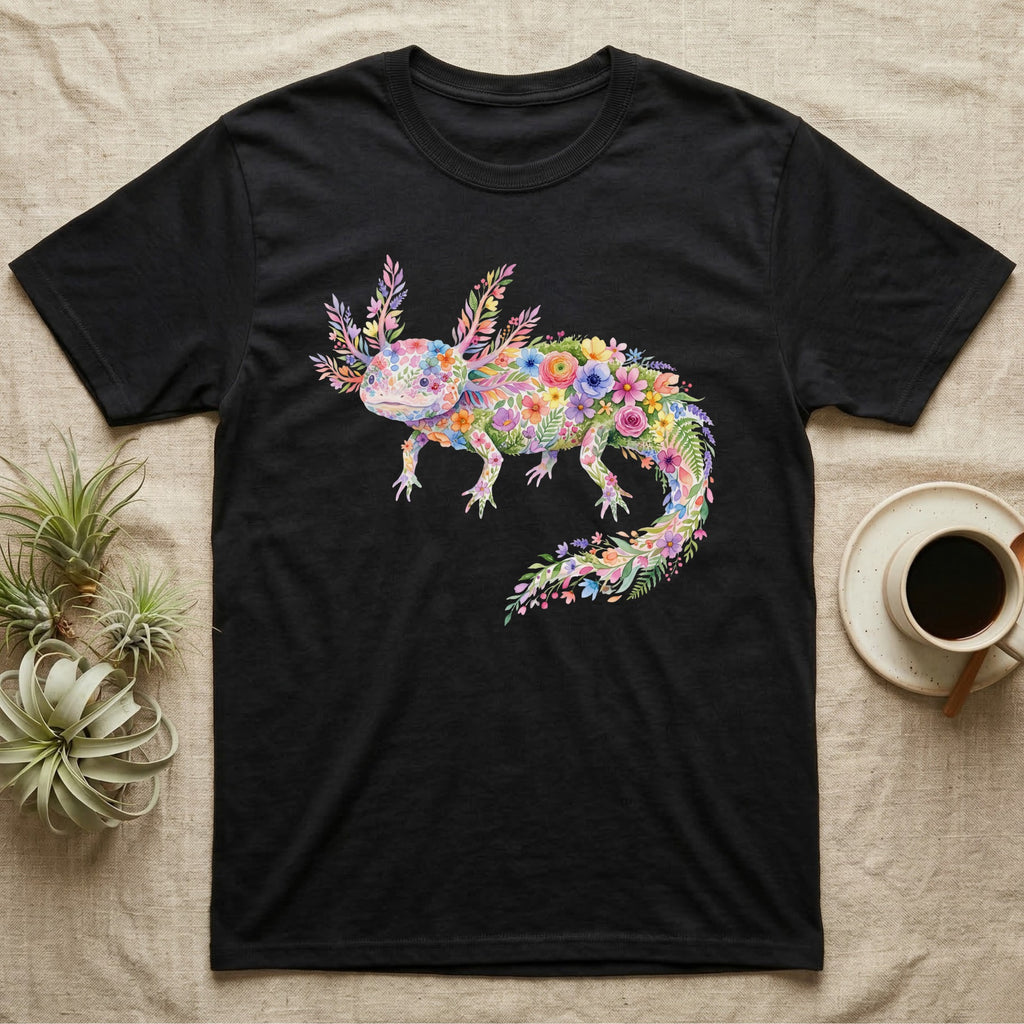Axolotl Watercolour Mosaic T-Shirt in Black — Watercolour mosaic axolotl made of painted flowers and leaf blades, gill plumes fanned, petals trailing from its tail