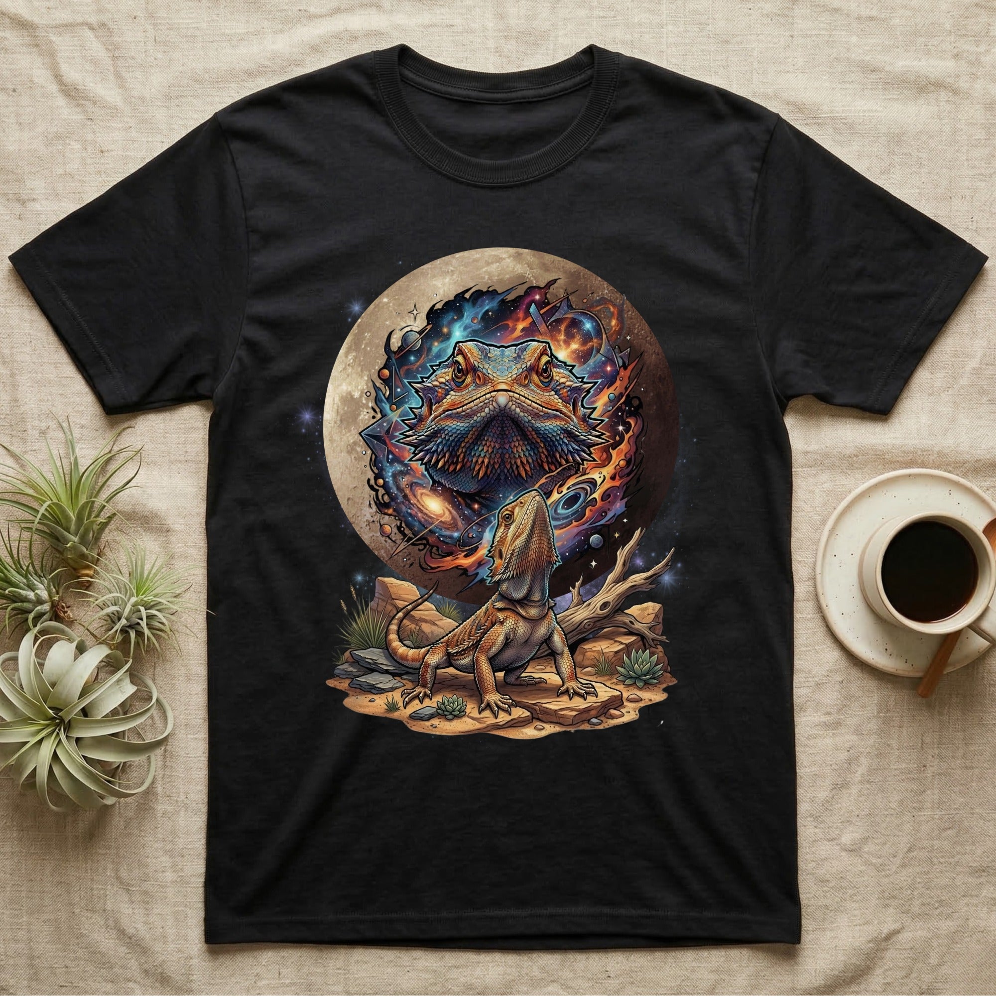 Black t-shirt with a vibrant cosmic bearded dragon graphic and moon.