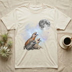 Blue-Tongued Skink Moon Howl T-Shirt in Natural — Three Blue-Tongued Skink colour morphs howling at a full moon over a nebula on a dark grey t-shirt.