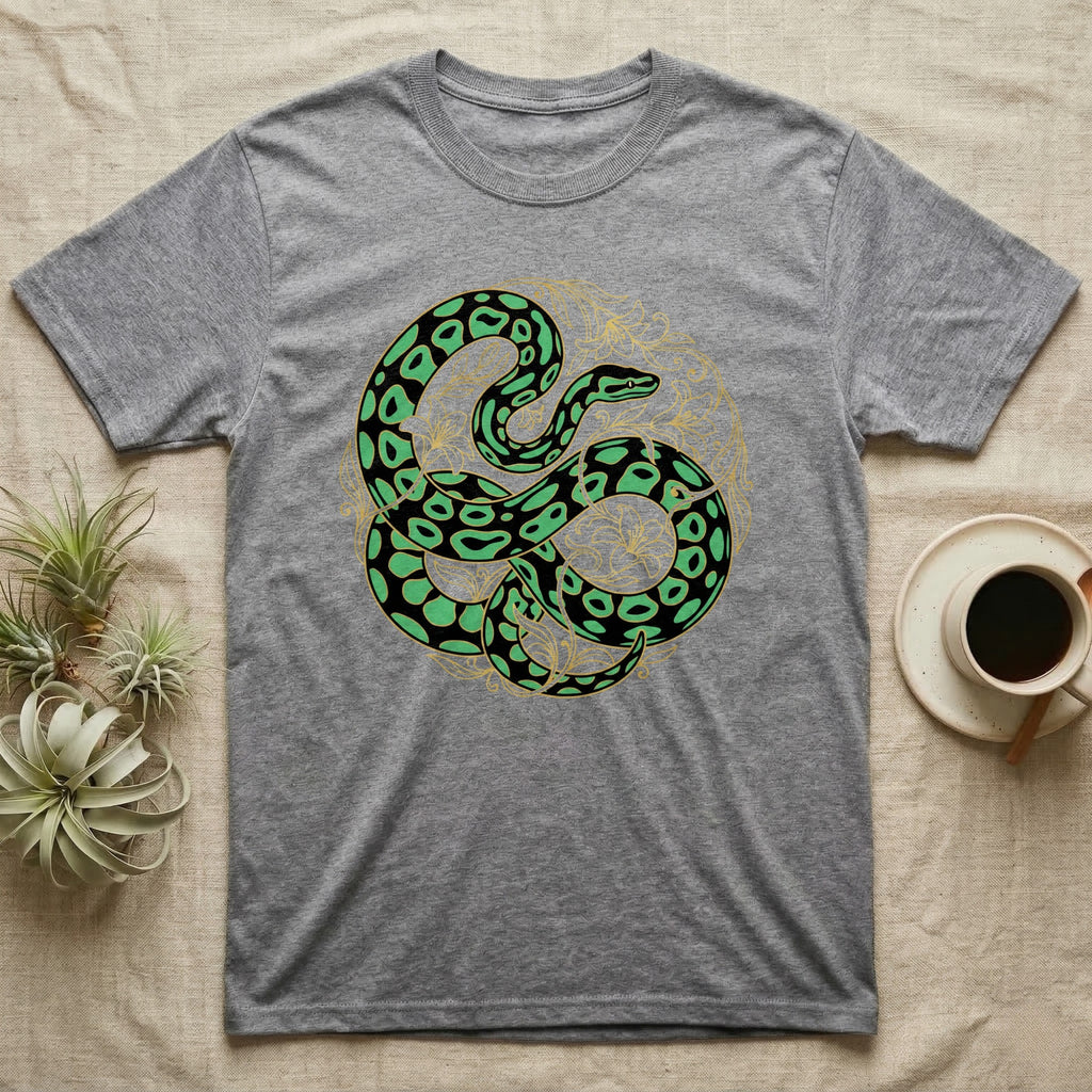 Grey t-shirt with a green and black snake coiled within a gold circular design.