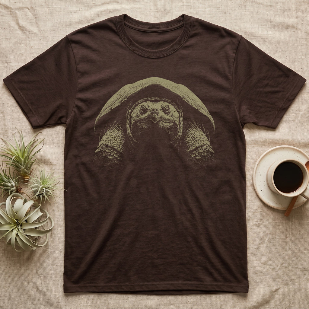 Snapping Turtle Stare T-Shirt in Dark Chocolate — Single-ink common snapping turtle seen head-on under its shell, lit from above, staring at the viewer on black.