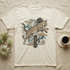 Cream t-shirt with a leaping spotted wild cat and Asian-inspired wave design.