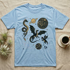Light blue t-shirt with celestial dragons and planets graphic.