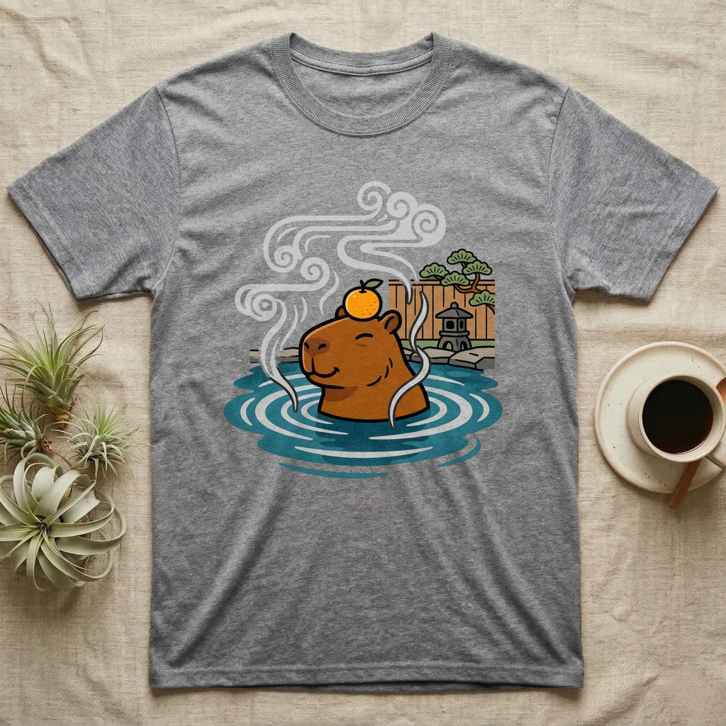 Capybara in hot springs with orange on head and steam, next to Japanese garden.