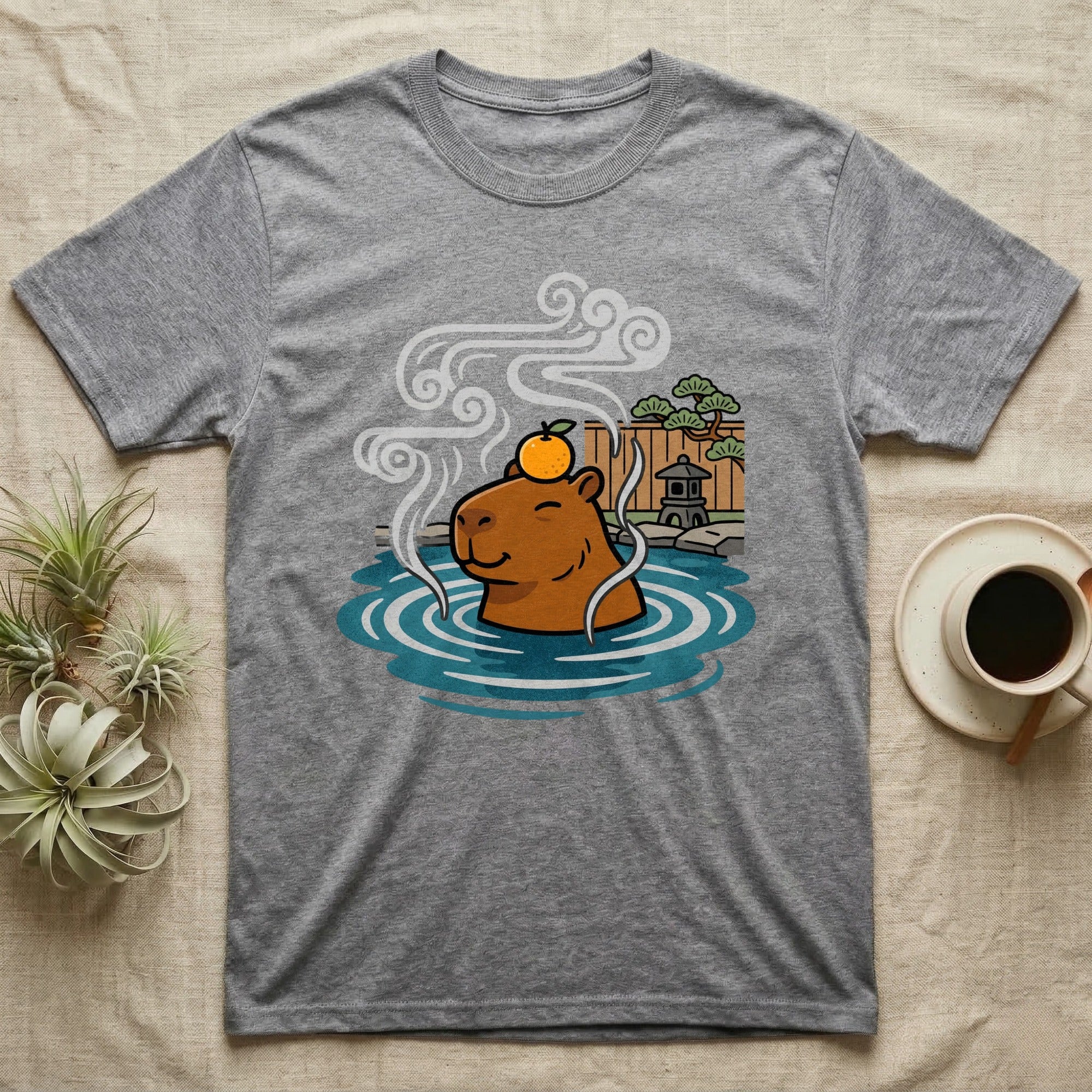 Capybara in hot springs with orange on head and steam, next to Japanese garden.