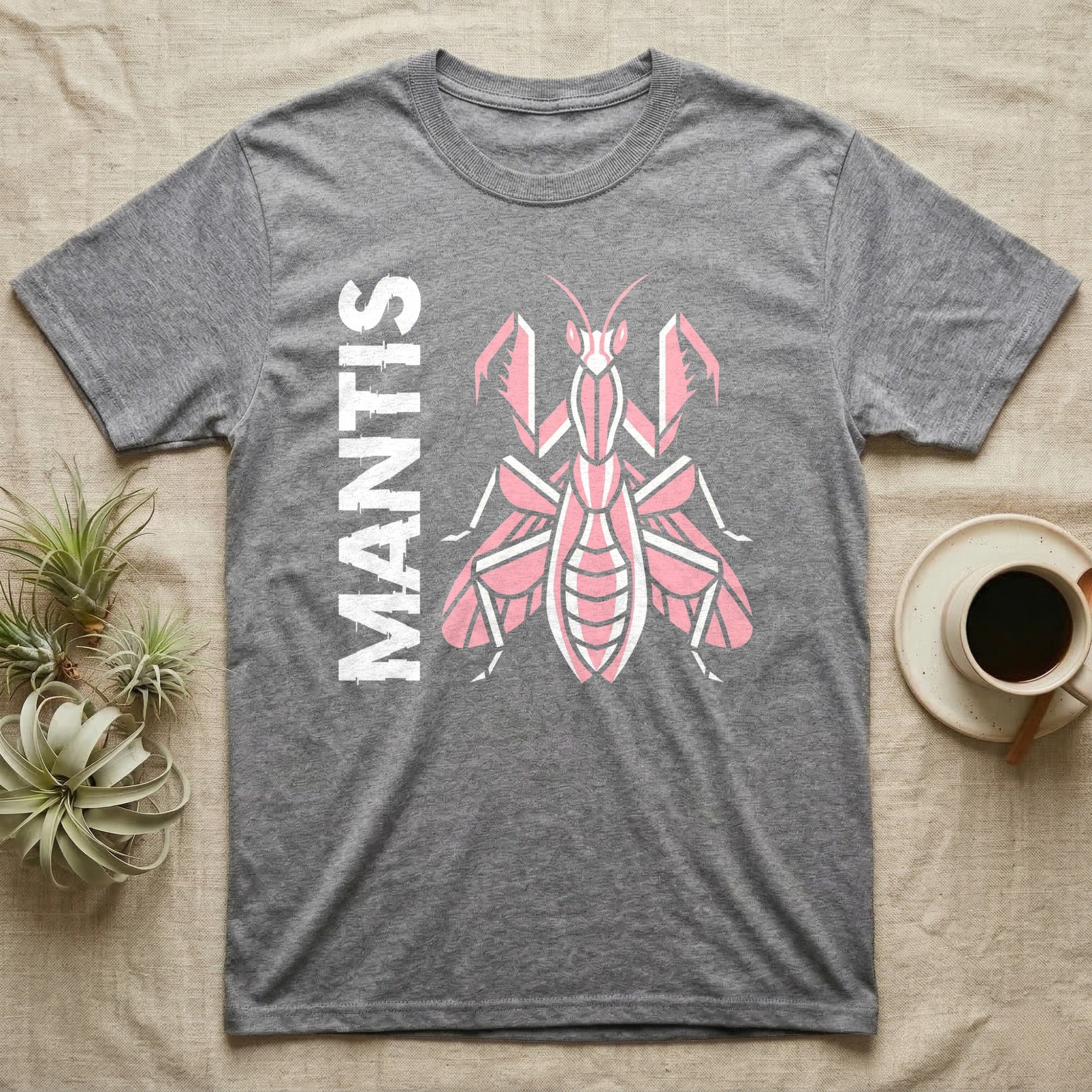 Gray t-shirt with a stylized pink mantis graphic and "MANTIS" text.