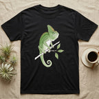 Veiled Chameleon Ambassador T-Shirt in Black — Watercolour illustration of a veiled chameleon calmly gripping a slender branch, tall casque and curled tail.