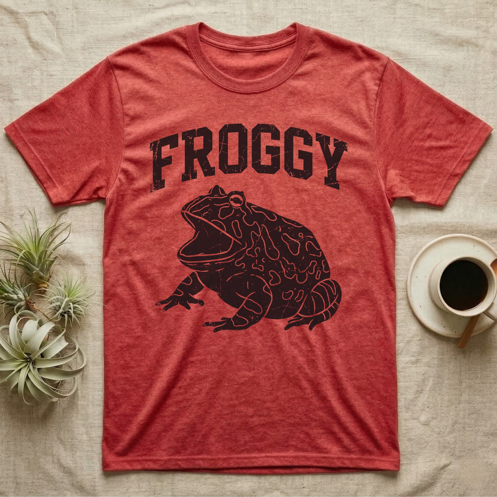 Pacman Frog Froggy T-Shirt in Heather Red — Worn one-ink print of a round pacman frog puffed up with its mouth gaped wide, under the arched word FROGGY