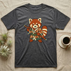 Dark grey t-shirt with illustration of red panda in kimono holding a katana.