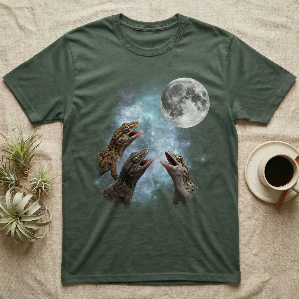 Mourning Gecko Moon Howl T-Shirt in Military Green — Three Mourning Gecko colour morphs howling at a full moon over a nebula on a dark grey t-shirt.
