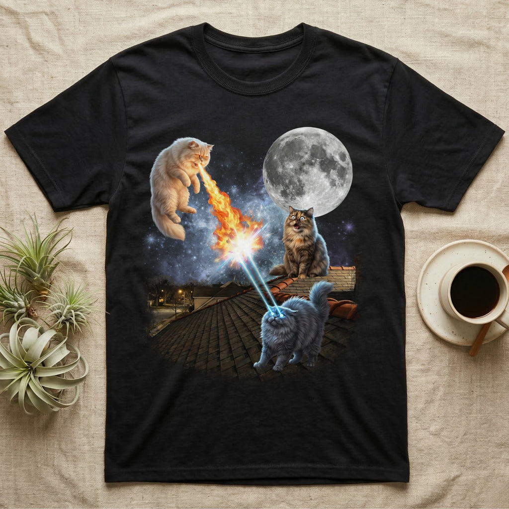 Black t-shirt with cats shooting lasers and fire with a moon behind them.