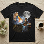 Black t-shirt with cats shooting lasers and fire with a moon behind them.