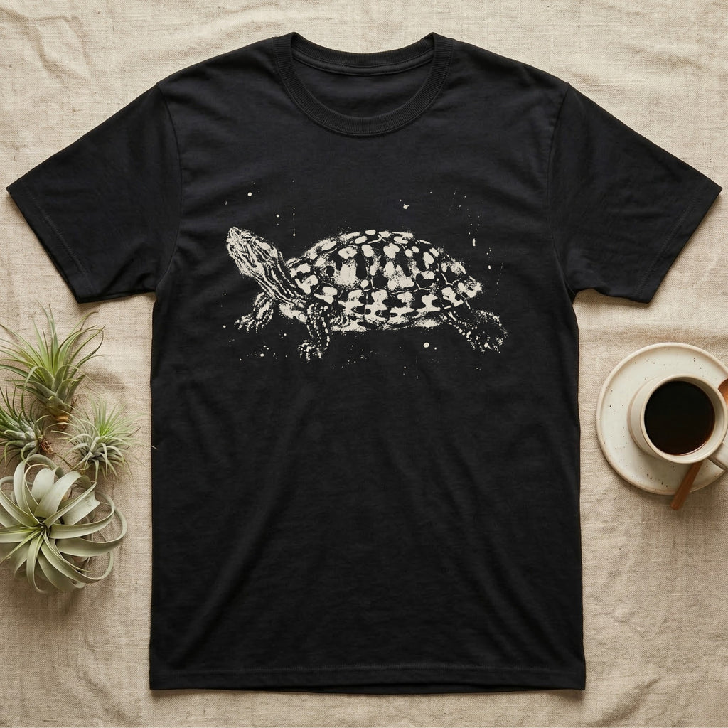 Red-Eared Slider Bleach T-Shirt in Black — Red-eared slider in side view basking with its neck stretched out, made of pale bleach spatter on black