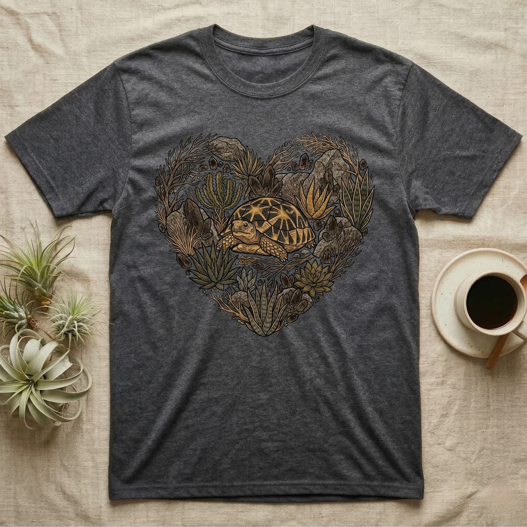 Dark grey t-shirt with a heart-shaped succulent and tortoise graphic.