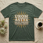 Solar Powered Uromastyx T-Shirt in Military Green — Desert-poster wordmark reading "Uromastyx Solar Powered Professional Sunbather" with a small radiating sun motif.