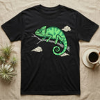 Black t-shirt with green chameleon on a branch graphic.