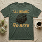 Bearded Dragon Bluff T-Shirt in Military Green — Engraved bearded dragon with a puffed dark beard and open mouth under sand lettering reading ALL BEARD and NO BITE
