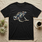 Dart Frog Tadpole T-Shirt in Black — Naturalist-plate illustration of a dyeing dart frog carrying tadpoles on its back with a dry typewriter caption beside it.