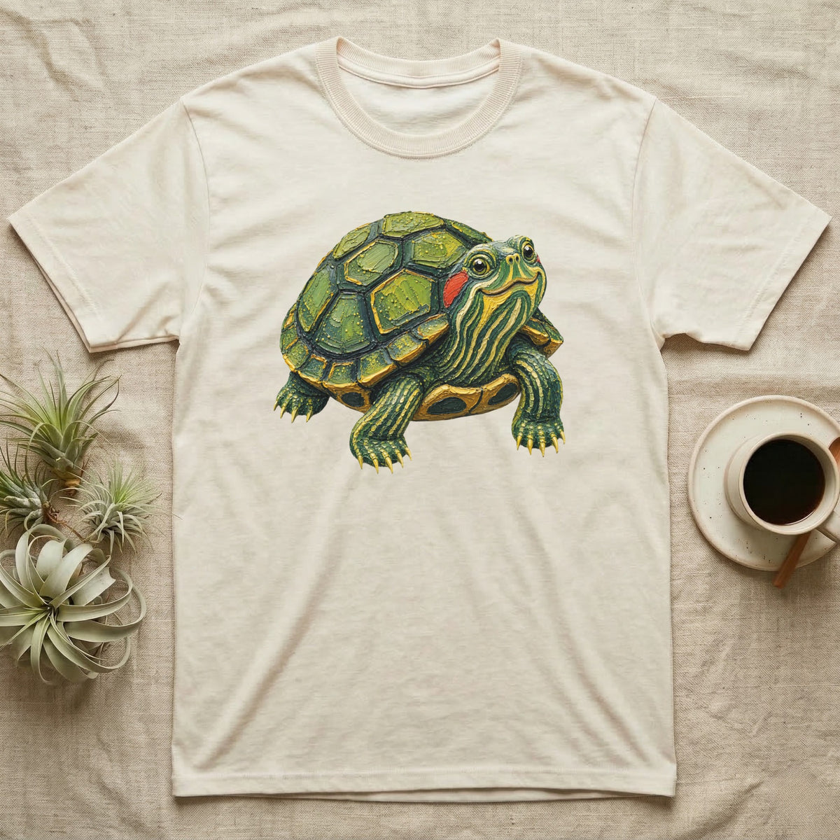 Cream t-shirt with a realistic illustration of a red-eared slider turtle.