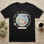 Black t-shirt with cute axolotl in a jar, leaves, and text.