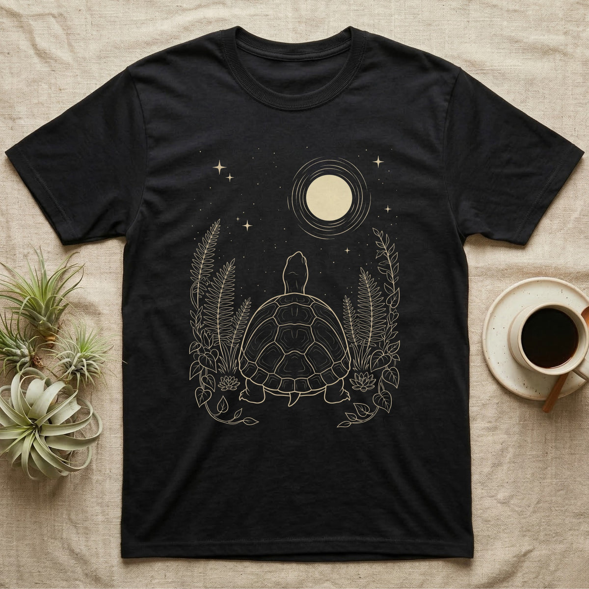 Eastern Box Turtle Moon T-Shirt in Black — Warm-bone line drawing of an Eastern box turtle from behind gazing at a moon among ferns on grey